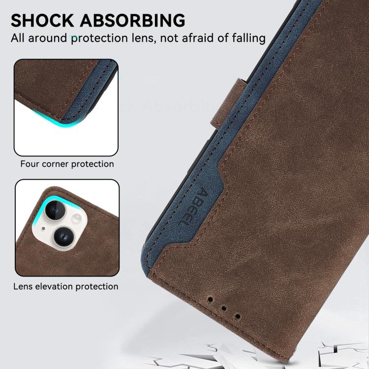Funda de cuero magnética RFID ABEEL con diseño de bloques de color para Samsung Galaxy XCover7 Pro (marrón-azul)