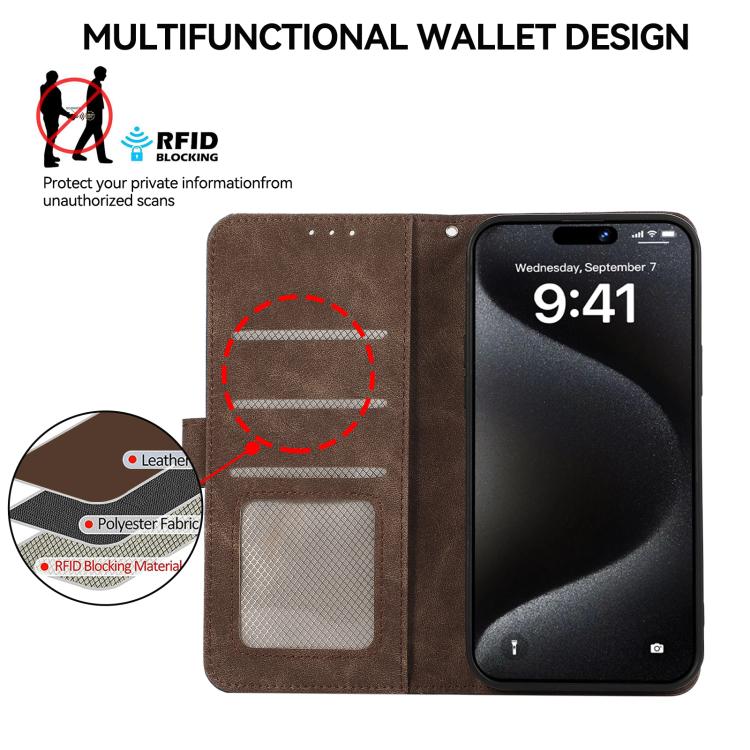 Funda de cuero magnética RFID ABEEL con diseño de bloques de color para Samsung Galaxy XCover7 Pro (marrón-azul)