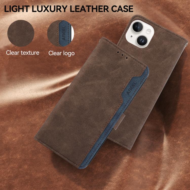 Funda de cuero magnética RFID ABEEL con diseño de bloques de color para Samsung Galaxy XCover7 Pro (marrón-azul)