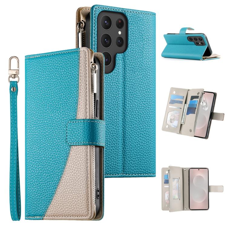 Funda de cuero con cremallera para Samsung Galaxy S25 Ultra 5G, con costuras, múltiples tarjetas y correa corta (azul)