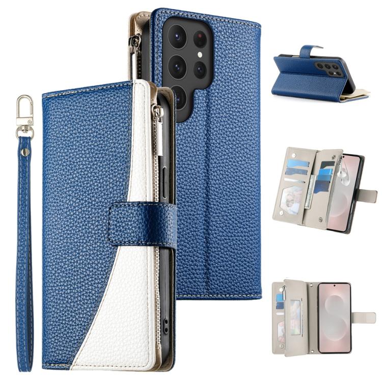 Funda de cuero con cremallera para Samsung Galaxy S25 Ultra 5G, con costuras, para múltiples tarjetas y correa corta (azul oscuro)