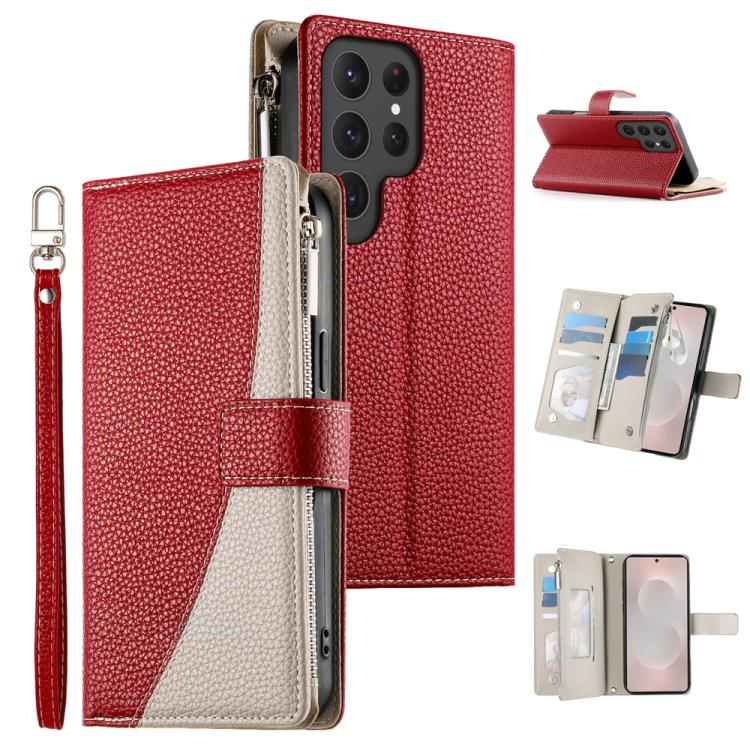 Funda de cuero tipo billetera con cremallera para Samsung Galaxy S25 Ultra 5G, con costuras, múltiples tarjetas y correa corta (roja)
