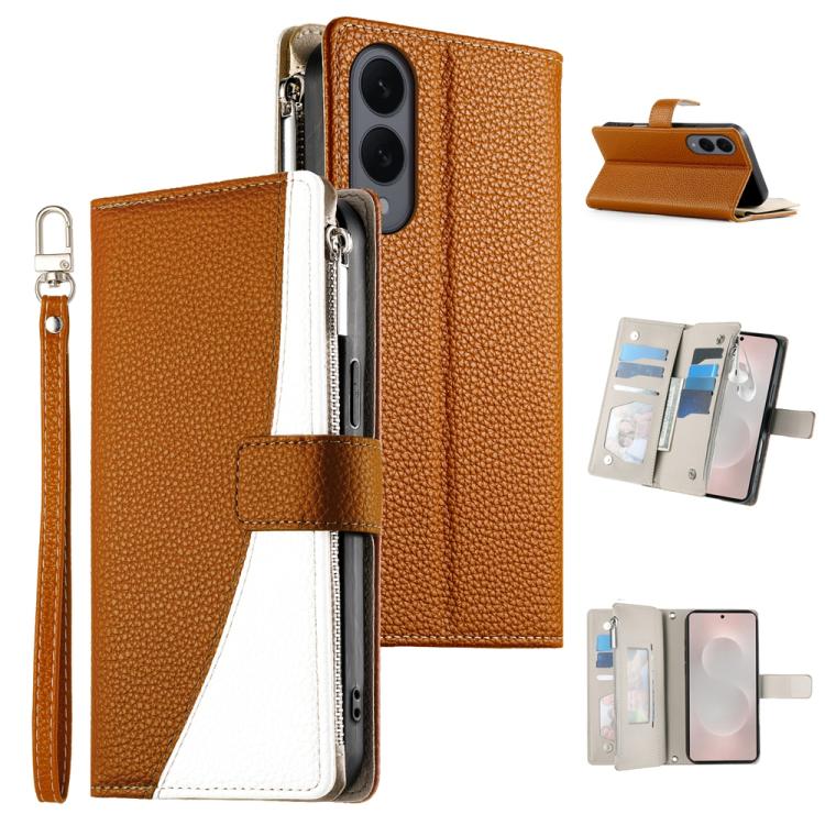 Funda de cuero con cremallera para Samsung Galaxy S25 Edge 5G, con costuras, para múltiples tarjetas y correa corta (marrón)