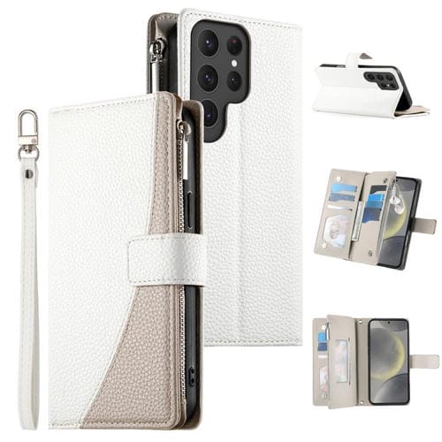 Funda de cuero tipo billetera con cremallera para Samsung Galaxy S24 Ultra 5G, con costuras, múltiples tarjetas y correa corta (blanca)