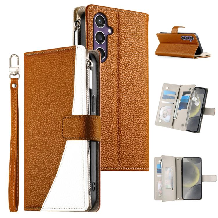 Funda de cuero con cremallera para Samsung Galaxy S24 5G/S25 5G, con costuras, para múltiples tarjetas y correa corta (marrón)