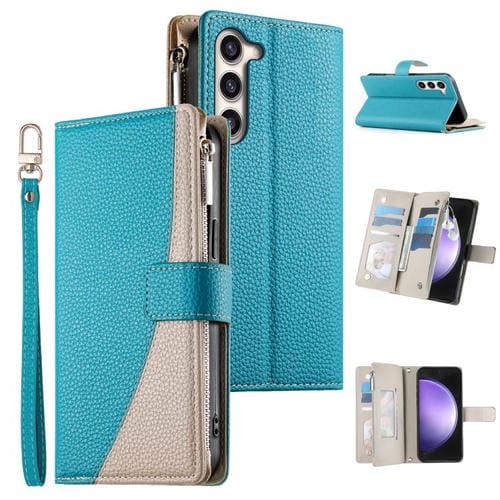 Funda de cuero tipo billetera con cremallera y múltiples tarjetas para Samsung Galaxy S23+ 5G, con costuras y correa corta (azul)