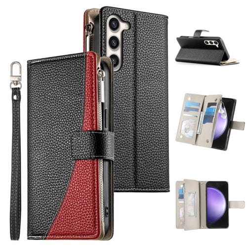 Funda de cuero tipo billetera con cremallera y múltiples tarjetas para Samsung Galaxy S23+ 5G, con costuras y correa corta (negra)