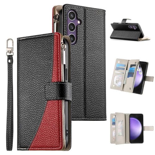 Funda de cuero tipo billetera con cremallera y múltiples tarjetas para Samsung Galaxy S23 FE 5G con costuras y correa corta (negra)
