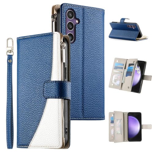 Funda de cuero con cremallera para Samsung Galaxy S23 FE 5G, con costuras, para múltiples tarjetas y correa corta (azul oscuro)