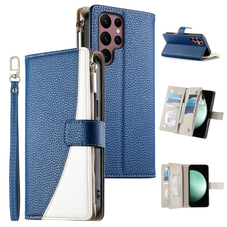Funda de cuero tipo billetera con cremallera para Samsung Galaxy S22 Ultra 5G, con costuras, múltiples tarjetas y correa corta (azul oscuro)