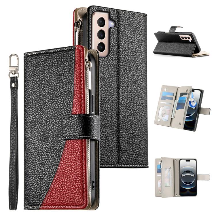 Funda de cuero tipo billetera con cremallera y múltiples tarjetas para Samsung Galaxy S21+ 5G, con costuras y correa corta (negra)