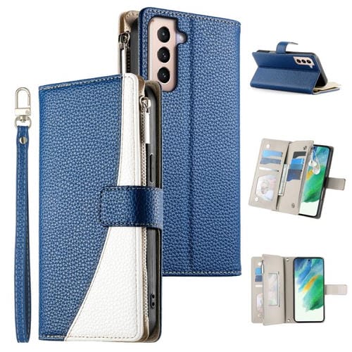 Funda de cuero con cremallera para Samsung Galaxy S21+ 5G, con costuras, para múltiples tarjetas y correa corta (azul oscuro)