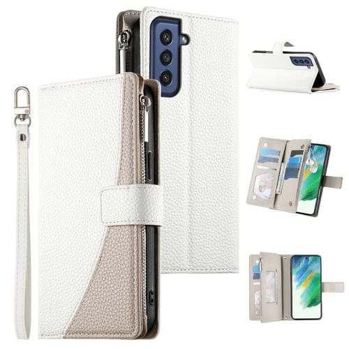 Funda de cuero tipo billetera con cremallera para Samsung Galaxy S21 FE 5G, con costuras, múltiples tarjetas y correa corta (blanca)