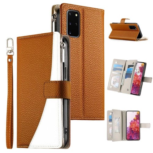 Funda de cuero tipo billetera con cremallera para Samsung Galaxy S20+, con costuras y correa corta (marrón)