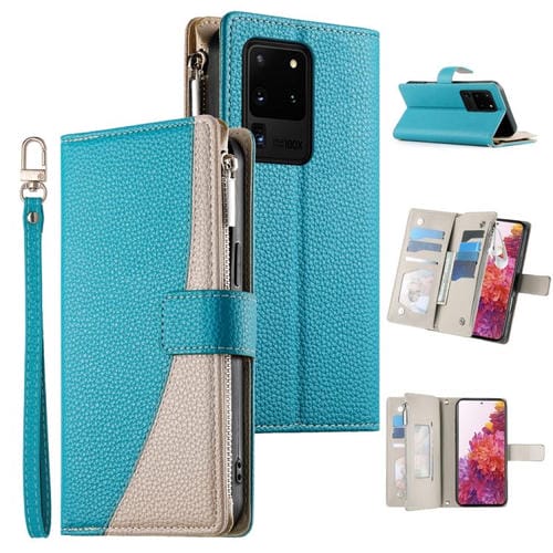 Funda de cuero tipo billetera con cremallera y múltiples tarjetas para Samsung Galaxy S20 Ultra con costuras y correa corta (azul)