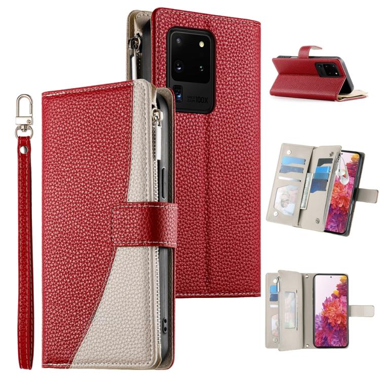 Funda de cuero tipo billetera con cremallera para Samsung Galaxy S20 Ultra, con costuras, múltiples tarjetas y correa corta (roja)