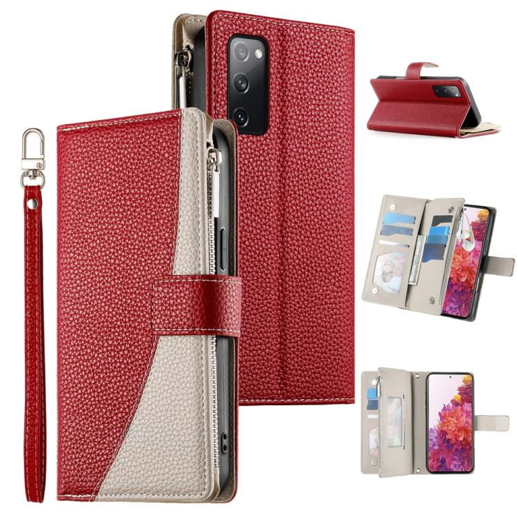 Funda de cuero tipo billetera con cremallera para Samsung Galaxy S20 FE, con costuras y correa corta (roja)