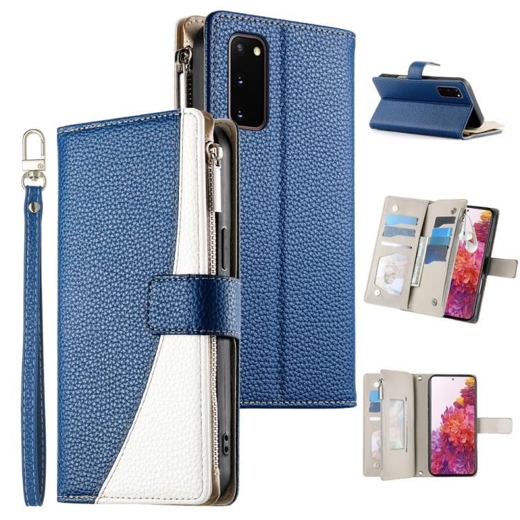 Funda de cuero tipo billetera con cremallera para Samsung Galaxy S20 con costuras y correa corta (azul oscuro)