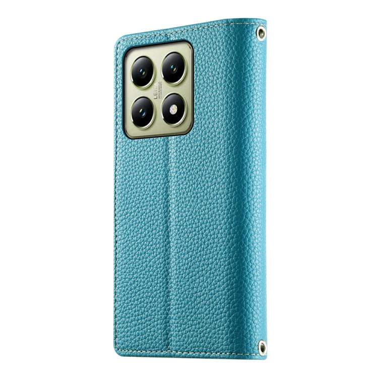 Funda de cuero con cremallera para Xiaomi 14T, con múltiples tarjetas y costuras, con correa corta (azul)