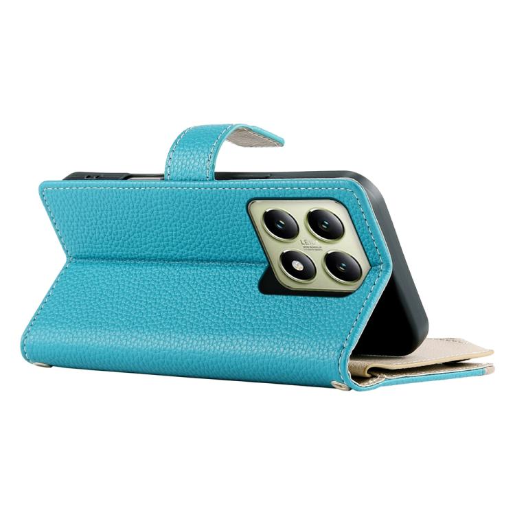 Funda de cuero con cremallera para Xiaomi 14T, con múltiples tarjetas y costuras, con correa corta (azul)