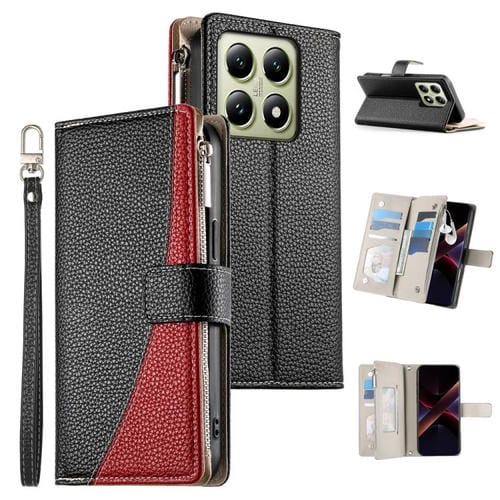 Funda de cuero con cremallera para Xiaomi 14T, con múltiples tarjetas y costuras, con correa corta (negra)