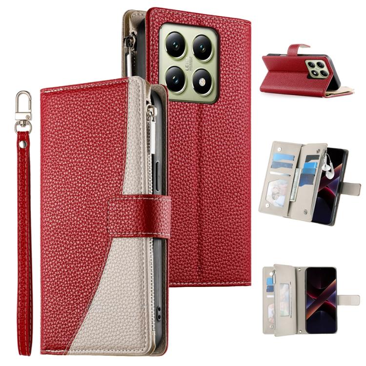 Funda de cuero con cremallera para Xiaomi 14T, con múltiples tarjetas y costuras, con correa corta (roja)