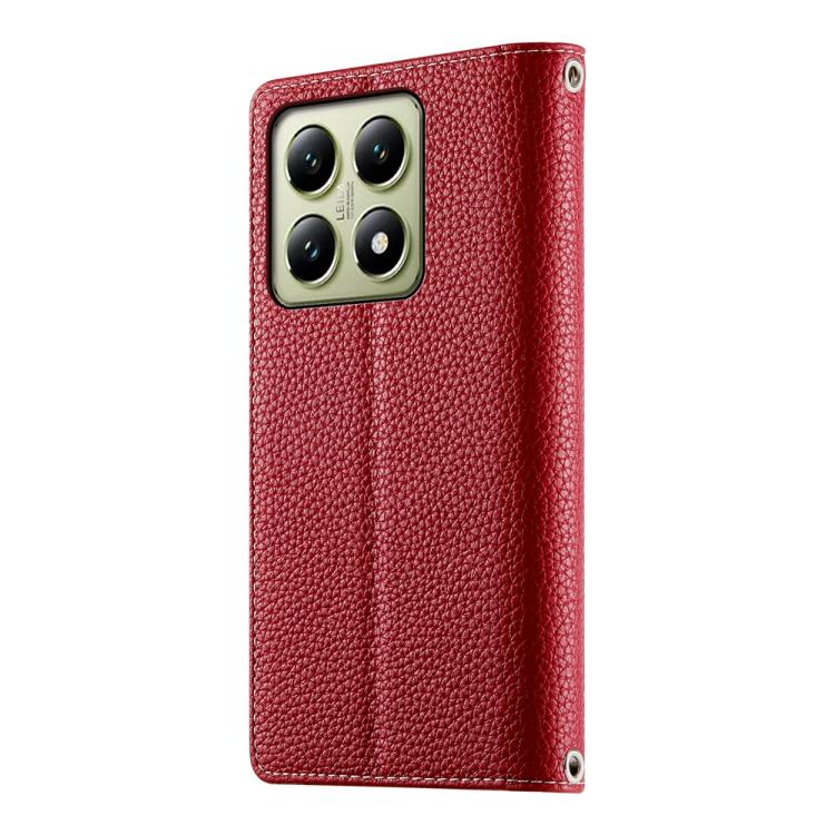 Funda de cuero con cremallera para Xiaomi 14T, con múltiples tarjetas y costuras, con correa corta (roja)