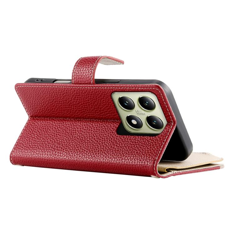 Funda de cuero con cremallera para Xiaomi 14T, con múltiples tarjetas y costuras, con correa corta (roja)
