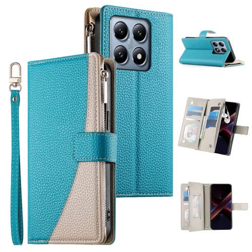 Funda de cuero con cremallera para Xiaomi 14T Pro, con múltiples tarjetas y costuras, con correa corta (azul)
