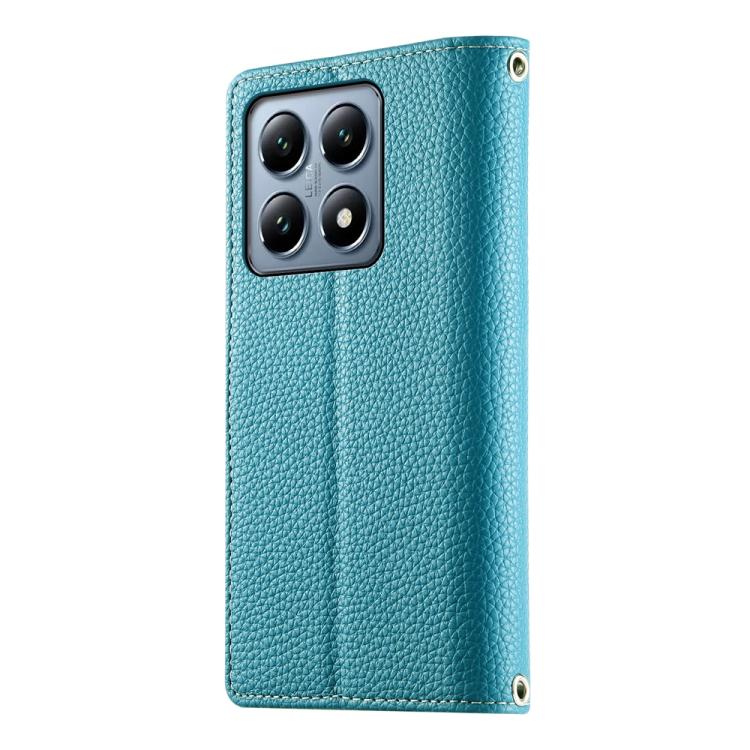 Funda de cuero con cremallera para Xiaomi 14T Pro, con múltiples tarjetas y costuras, con correa corta (azul)