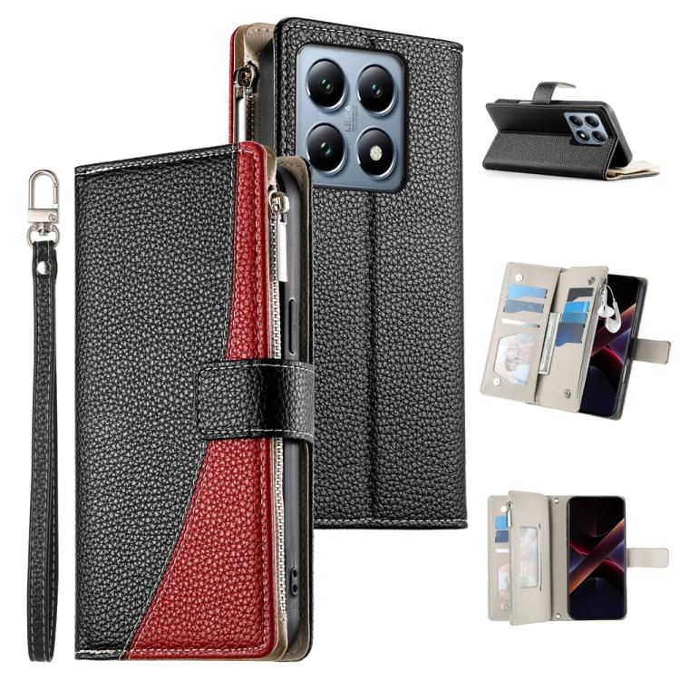Funda de cuero con cremallera para Xiaomi 14T Pro, con múltiples tarjetas y costuras, con correa corta (negra)