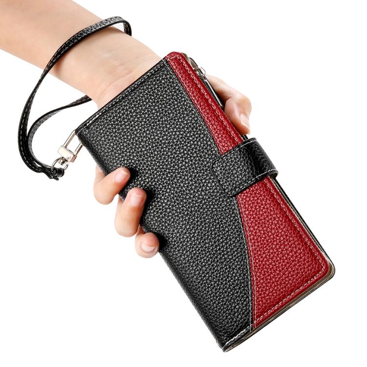 Funda de cuero con cremallera para Xiaomi 14T Pro, con múltiples tarjetas y costuras, con correa corta (negra)