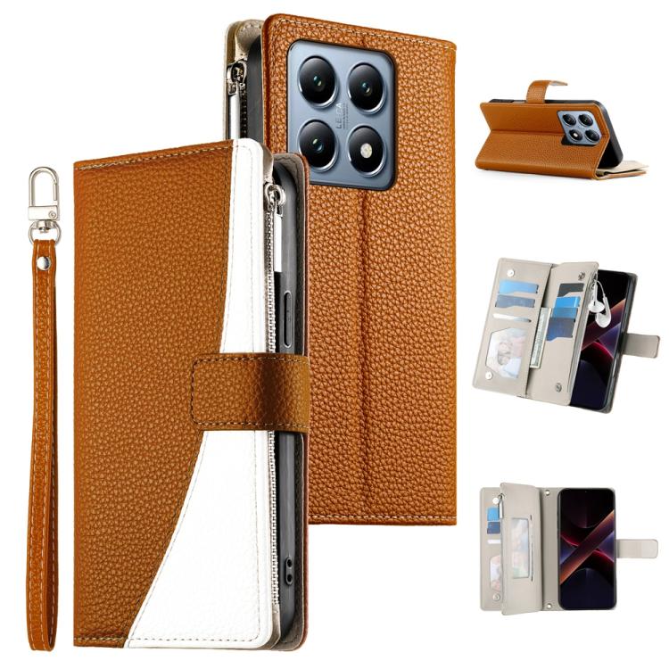 Funda de cuero con cremallera para Xiaomi 14T Pro, con múltiples tarjetas, costuras y correa corta (marrón)