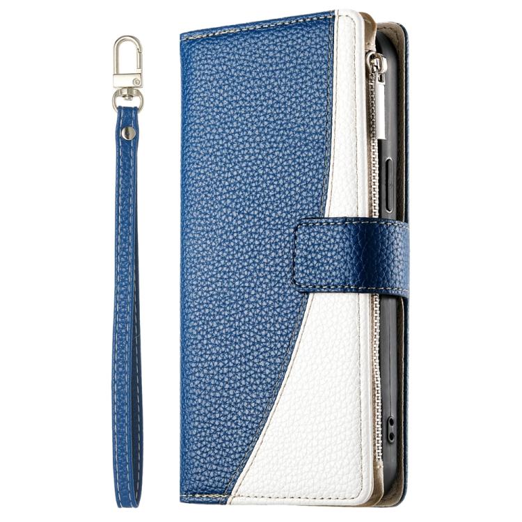 Funda de cuero con cremallera para Xiaomi 14T Pro, con múltiples tarjetas, costuras y correa corta (azul oscuro)