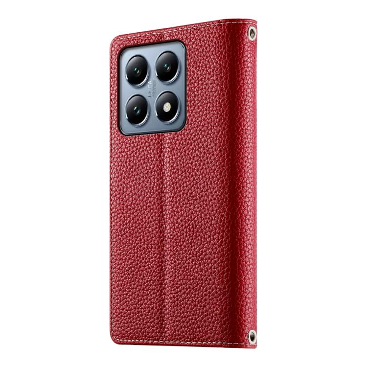 Funda de cuero con cremallera para Xiaomi 14T Pro, con múltiples tarjetas y costuras, con correa corta (roja)
