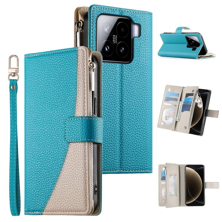 Funda de cuero con cremallera para Xiaomi 15, con múltiples tarjetas y costuras, con correa corta (azul)