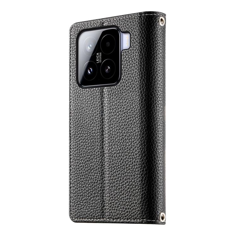 Funda de cuero con cremallera para Xiaomi 15, con múltiples tarjetas y costuras, con correa corta (negra)