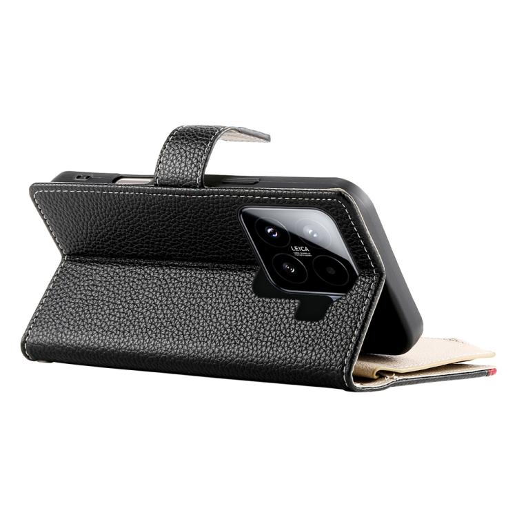 Funda de cuero con cremallera para Xiaomi 15, con múltiples tarjetas y costuras, con correa corta (negra)