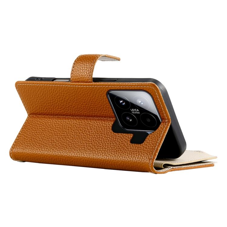Funda de cuero con cremallera para Xiaomi 15, con múltiples tarjetas y costuras, con correa corta (marrón)