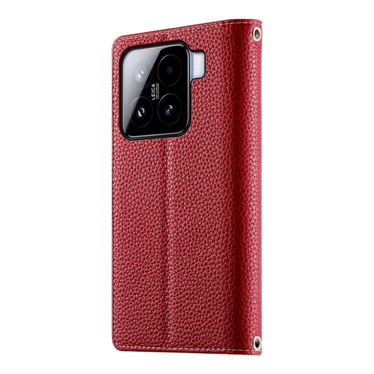 Funda de cuero con cremallera para Xiaomi 15, con múltiples tarjetas y costuras, con correa corta (roja)