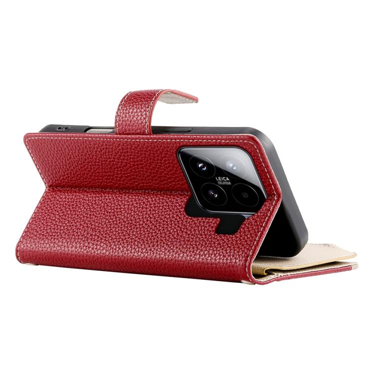 Funda de cuero con cremallera para Xiaomi 15, con múltiples tarjetas y costuras, con correa corta (roja)