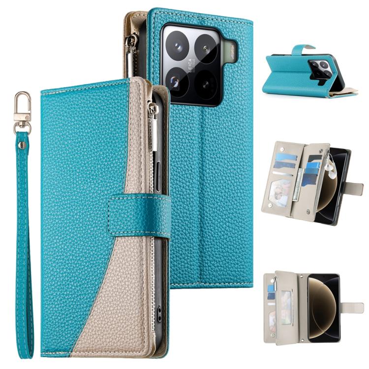 Funda de cuero con cremallera para Xiaomi 15 Pro, con múltiples tarjetas y costuras, con correa corta (azul)