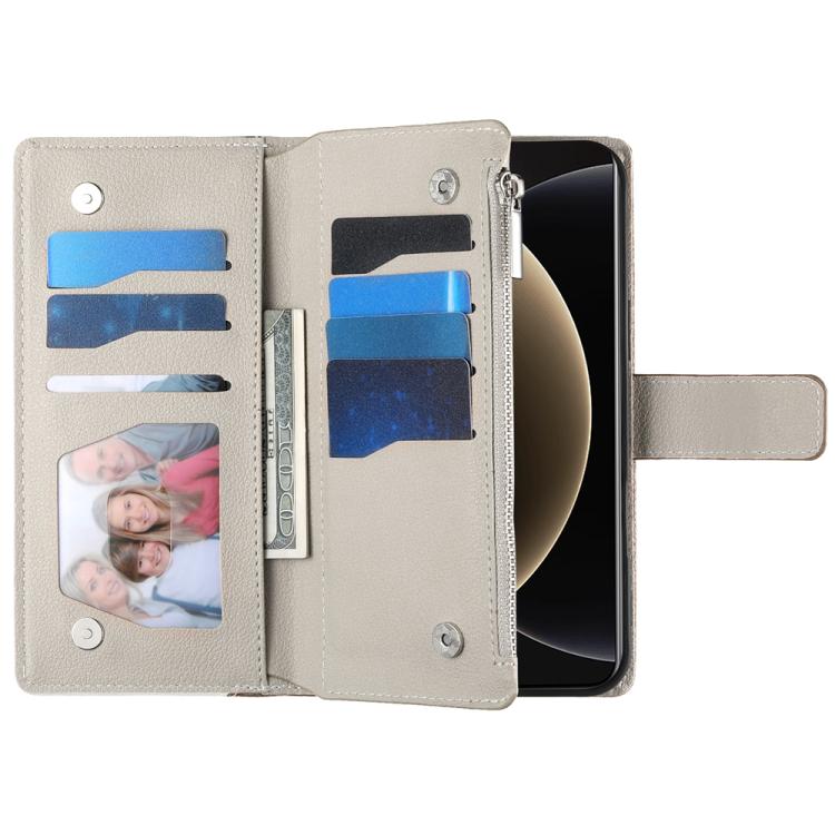 Funda de cuero con cremallera para Xiaomi 15 Pro, con múltiples tarjetas y costuras, con correa corta (marrón)
