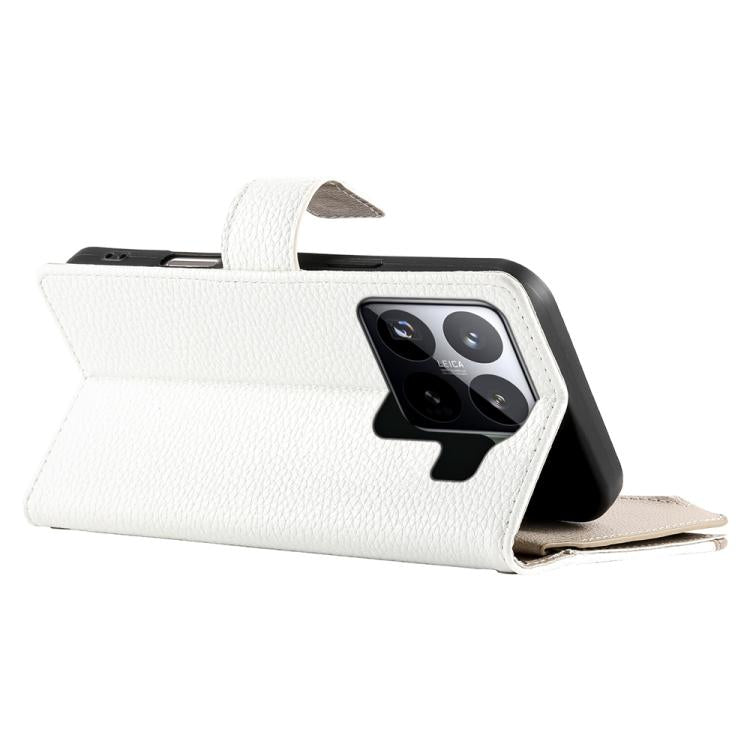 Funda de cuero con cremallera para Xiaomi 15 Pro, con múltiples tarjetas y costuras, con correa corta (blanca)