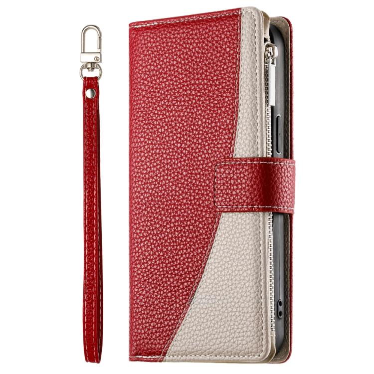 Funda de cuero con cremallera para Xiaomi 15 Pro, con múltiples tarjetas y costuras, con correa corta (roja)