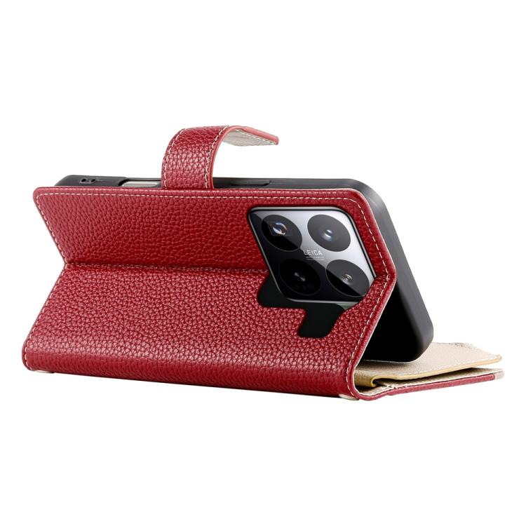 Funda de cuero con cremallera para Xiaomi 15 Pro, con múltiples tarjetas y costuras, con correa corta (roja)