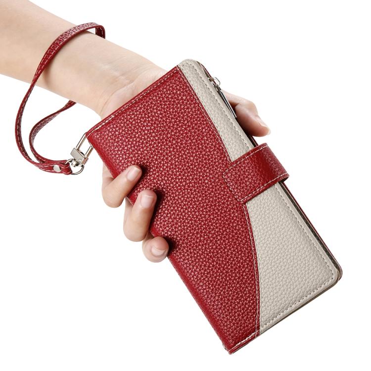 Funda de cuero con cremallera para Xiaomi 15 Pro, con múltiples tarjetas y costuras, con correa corta (roja)