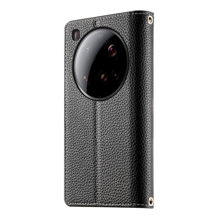 Funda de cuero con cremallera para Xiaomi 15 Ultra, con múltiples tarjetas y costuras, con correa corta (negra)