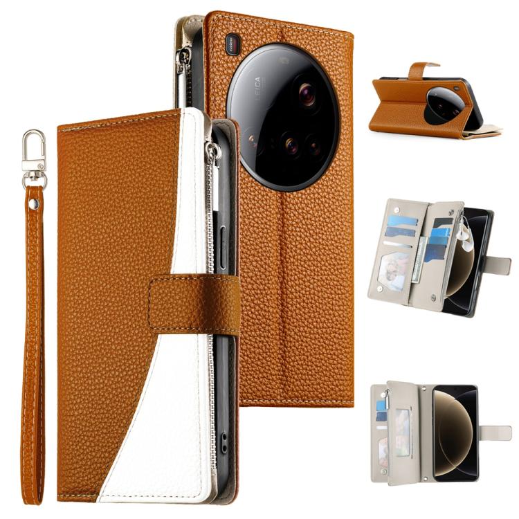 Funda de cuero con cremallera para Xiaomi 15 Ultra, con múltiples tarjetas y costuras, con correa corta (marrón)