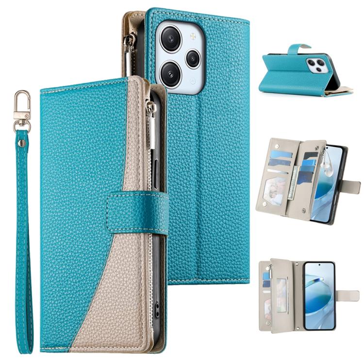 Funda de cuero con cremallera para Redmi 12 4G/5G/Note 12R, con costuras, para múltiples tarjetas y correa corta (azul)